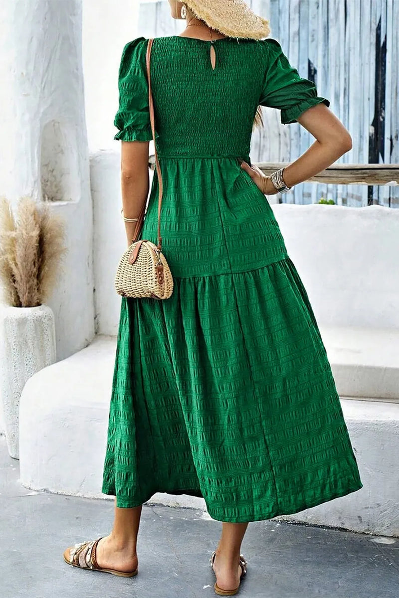 Smocked Puff Sleeve Midi Dress at Sophia's Style Green / S