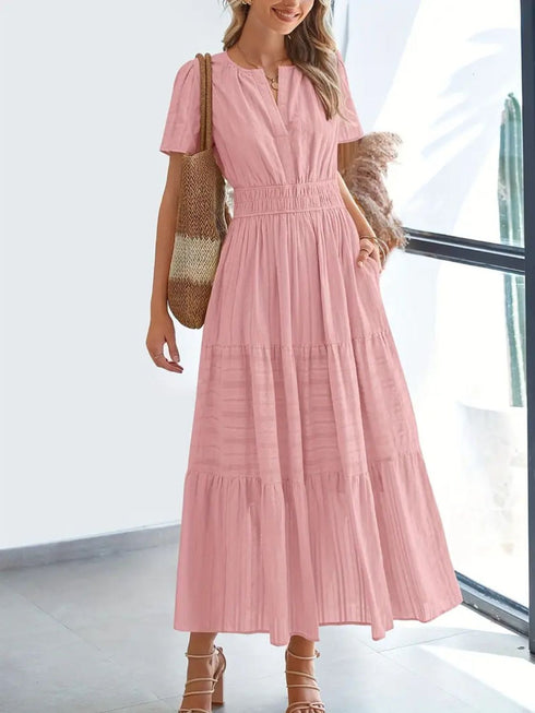 notched-short-sleeve-midi-dress-with-pockets OhSoStyled - Sophia's Style-1