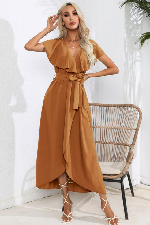 ruffled-tied-v-neck-midi-dress Sophia's Trends - Sophia's Style-Caramel-L