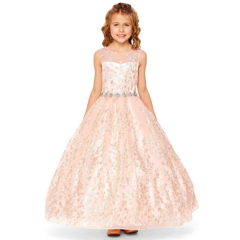 Little Girls Rose Gold Glitter Embroidered Rhinestone Belt Ball Gown 2-6 - SophiasStyle.com
