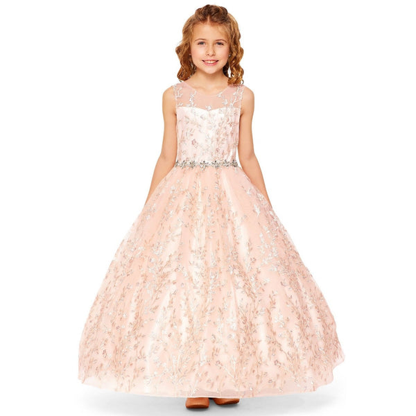 Little Girls Rose Gold Glitter Embroidered Rhinestone Belt Ball Gown 2-6 - SophiasStyle.com