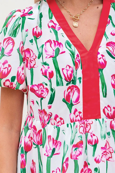 floral-print-contrast-trim-v-neck-bubble-short-sleeve-babydoll-dress OhSoStyled at Sophia's Style-5