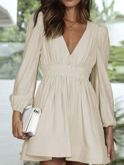 ruched-v-neck-balloon-sleeve-mini-dress OhSoStyled - Sophia's Style in Black-1