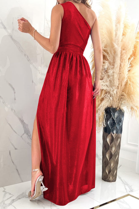 one-shoulder-slit-ruched-maxi-dress Sophia's Trends - Sophia's Style-Red-M