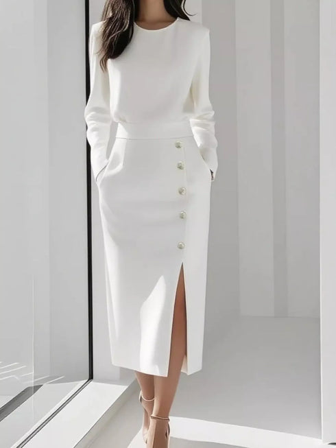 long-sleeve-button-detail-midi-dress-with-side-slit-OhSoStyled-Sophia's-Style-7