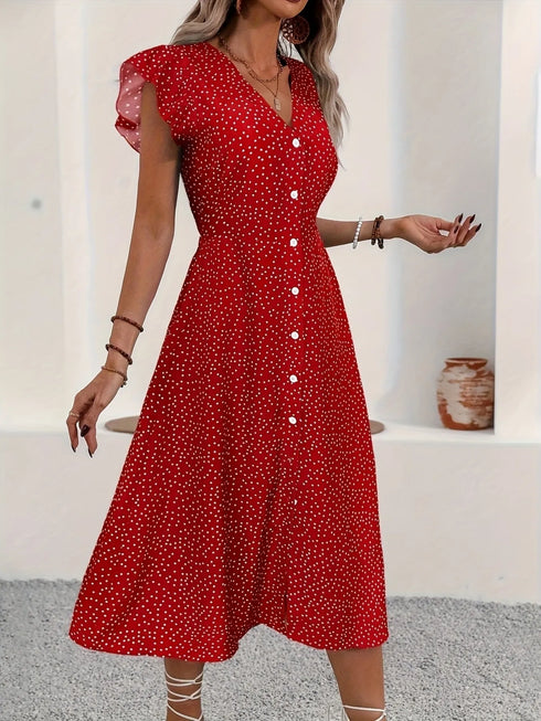 button-front-midi-dress-with-ruffle-sleeves-Sophia's Style-2