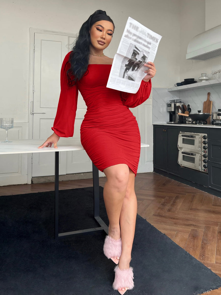zip back ruched bodycon dress Zip-Back at Sophia's Style Red / M length 40 in satin gown with train Chiffon One Shoulder Off Color:Platinum Gold