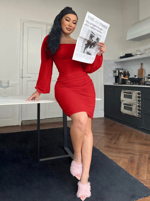 zip-back-ruched-bodycon-dress-Sophia's Style-2