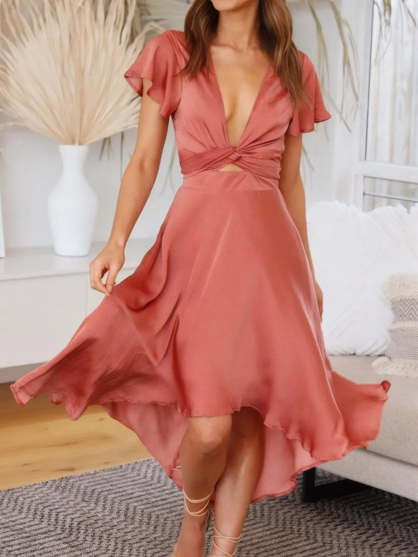 high-low-plunge-flutter-sleeve-dress OhSoStyled - Sophia's Style in Coral-1