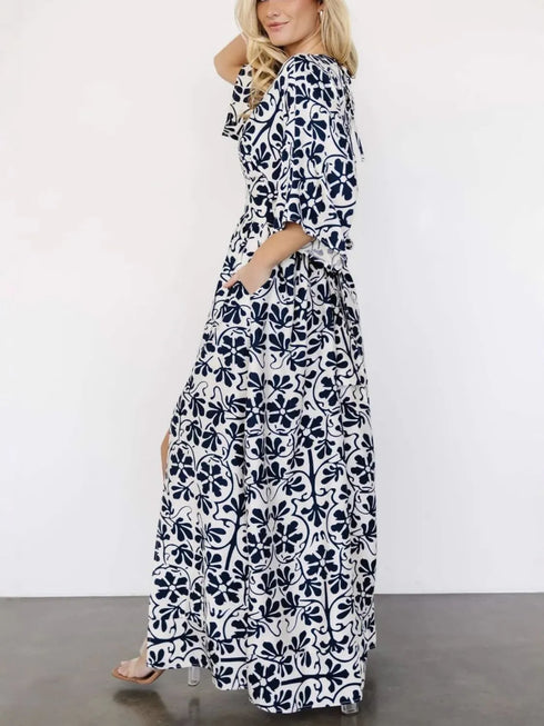 slit-printed-v-neck-half-sleeve-dress OhSoStyled - Sophia's Style in Dark Blue-4