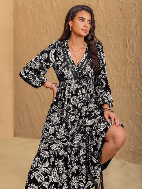 floral-print-v-neck-long-sleeve-ruffle-hem-midi-dress-OhSoStyled-Sophia's-Style-5