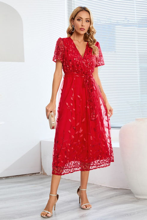 sequin-leaf-embroidery-tie-front-short-sleeve-dress Sophia's Trends - Sophia's Style--