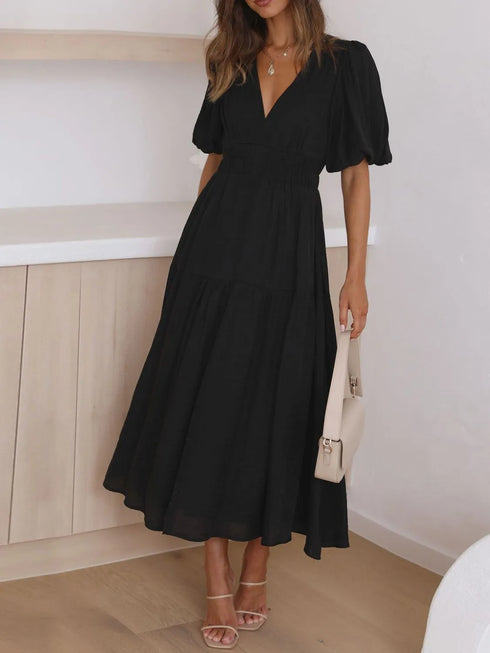 v-neck-puff-sleeve-midi-dress OhSoStyled at Sophia's Style-15