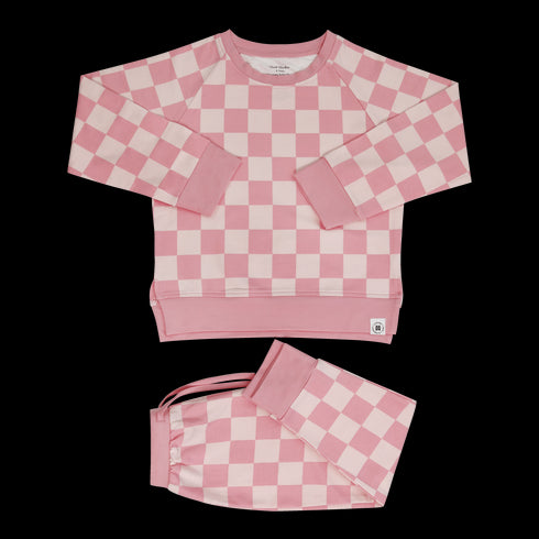 Checker Baby Pink Crew Neck Jogger Set