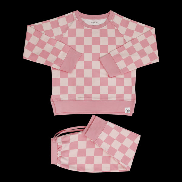 Checker Baby Pink Crew Neck Jogger Set