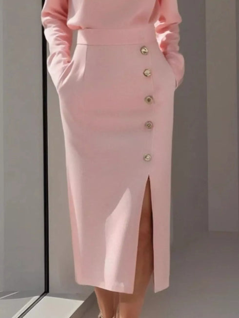 long-sleeve-button-detail-midi-dress-with-side-slit-OhSoStyled-Sophia's-Style-2