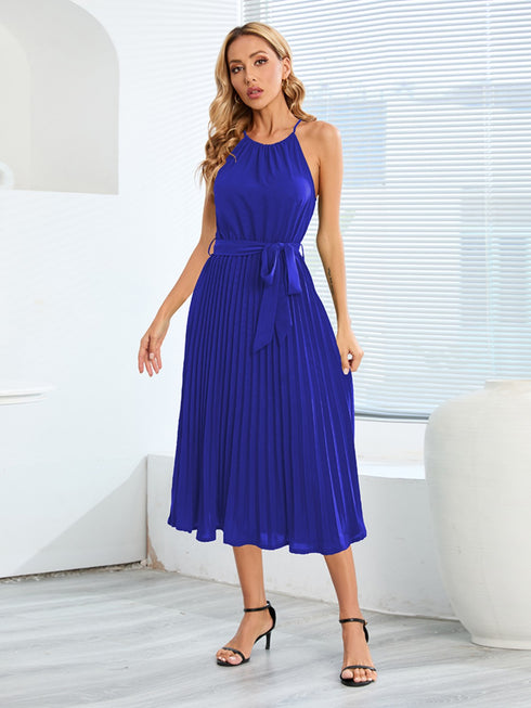 pleated-spaghetti-strap-tie-waist-midi-dress Sophia's Trends - Sophia's Style-Dark Blue-S