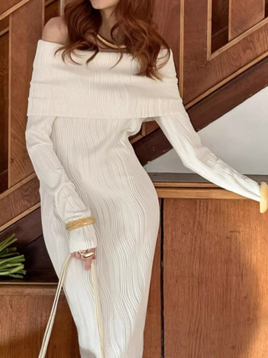Off-Shoulder Textured Knit Maxi Dress from OhSoStyled at Sophia's Style Ivory / M