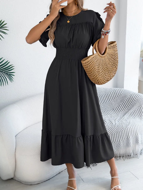 smocked-frill-round-neck-midi-dress OhSoStyled - Sophia's Style in Black-2