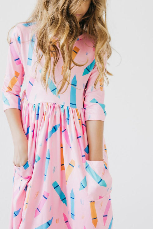 color-crayons-3-4-sleeve-pocket-twirl-dress Mila & Rose - Sophia's StyleTwirl Pocket Dress 3/4-1