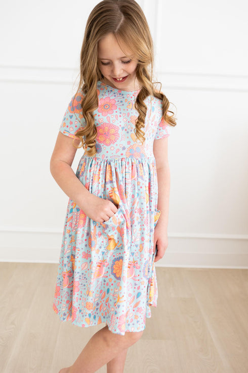 blue-retro-unicorns-s-s-pocket-twirl-dress Mila & Rose - Sophia's Style-Blue Retro Unicorns S/S Pocket Twirl Dress-6-12M--1