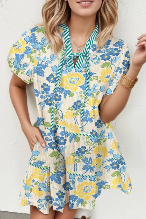 floral-striped-trim-puff-short-sleeve-dress OhSoStyled - Sophia's Style in Pastel Yellow-1