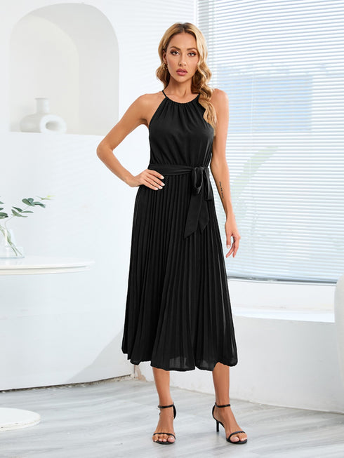 pleated-spaghetti-strap-tie-waist-midi-dress Sophia's Trends - Sophia's Style-Dark Green-S