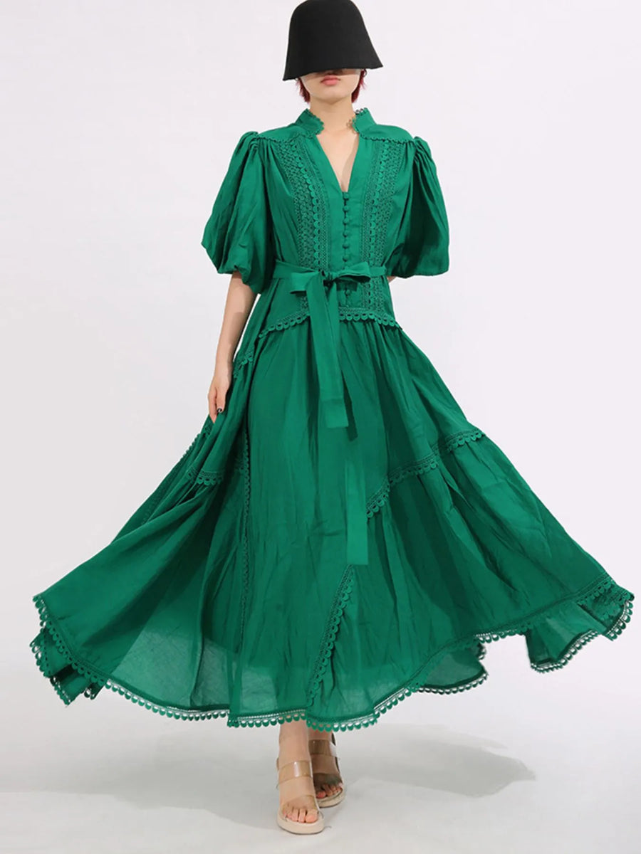 Lace Detail Notched Puff Sleeve Maxi Dress from OhSoStyled at Sophia's