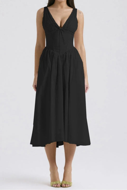 ruched-v-neck-sleeveless-dress-with-pockets OhSoStyled at Sophia's Style-1