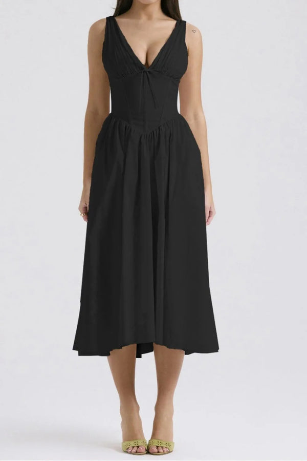 ruched-v-neck-sleeveless-dress-with-pockets OhSoStyled at Sophia's Style-1