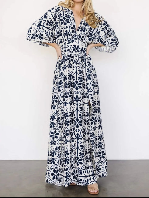 slit-printed-v-neck-half-sleeve-dress OhSoStyled - Sophia's Style in Dark Blue-3