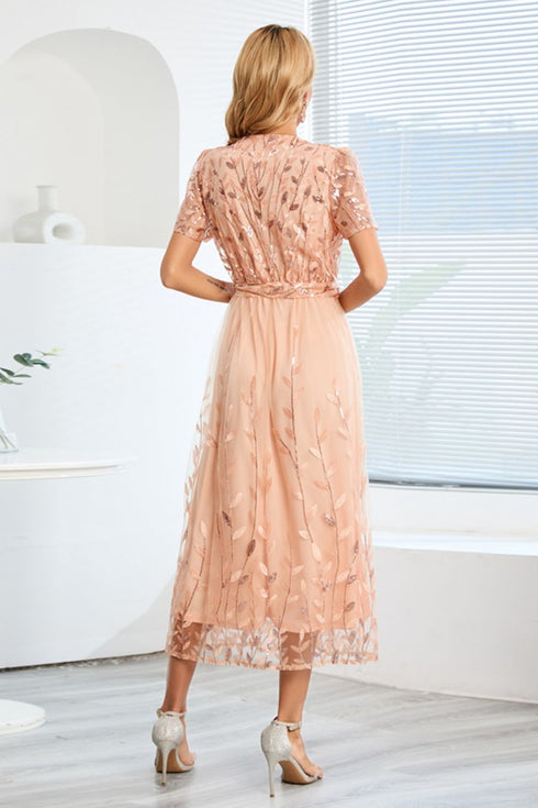 sequin-leaf-embroidery-tie-front-short-sleeve-dress Sophia's Trends - Sophia's Style--
