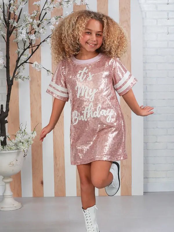 Girls Pink Gold Sequin “It’s My Birthday” T-Shirt Dress 12M-14