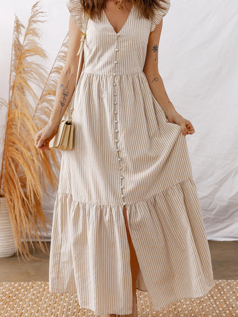 stripe-flutter-sleeve-buttoned-front-slit-maxi-dress-OhSoStyled-Sophia's-Style-4