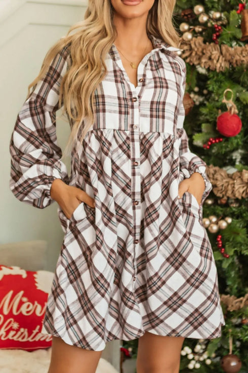full-size-plaid-collared-neck-balloon-sleeve-mini-shirt-dress-Sophia's Style-1