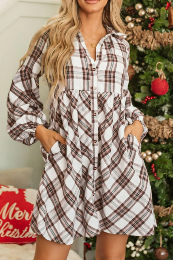 full-size-plaid-collared-neck-balloon-sleeve-mini-shirt-dress-Sophia's Style-1