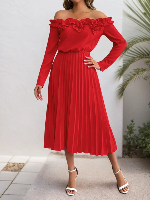 off-shoulder-ruffle-pleated-midi-dress-Sophia's Style-1