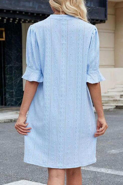 jacquard-texture-flared-short-sleeve-notched-neck-mini-dress OhSoStyled - Sophia's Style in Light Blue-2