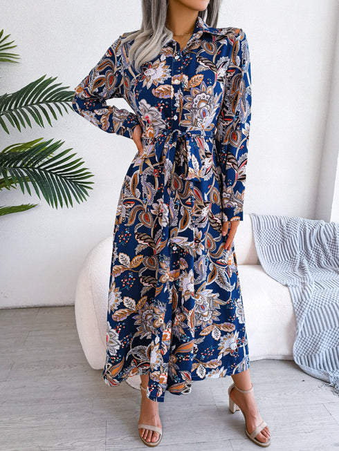 tied-printed-long-sleeve-midi-dress Sophia's Trends - Sophia's Style-Royal Blue-L