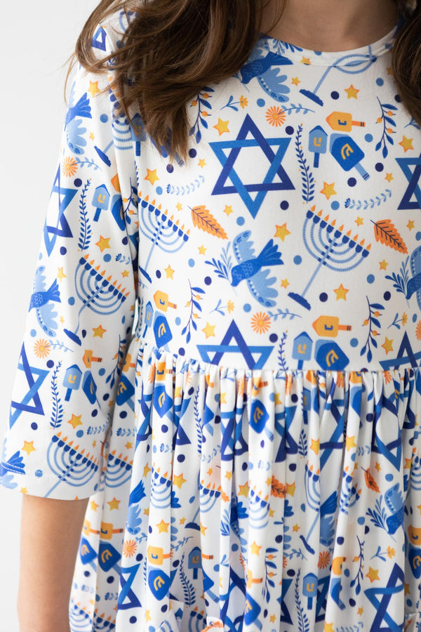 happy-hanukkah-3-4-sleeve-pocket-twirl-dress Mila &  Rose - Sophia's Style-Happy Hanukkah 3/4 Sleeve Pocket Twirl Dress-6-12M--1