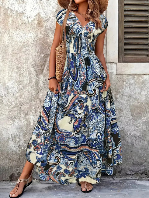 printed-v-neck-cap-sleeve-maxi-dress-OhSoStyled-Sophia's-Style-1