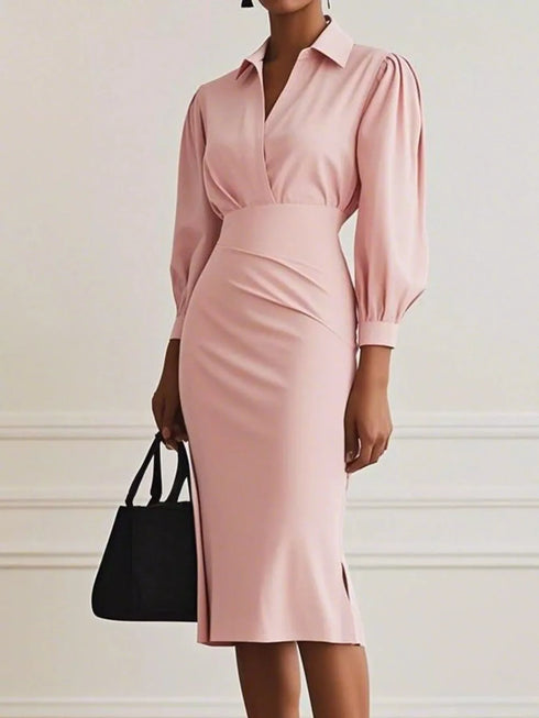 ruched-midi-shirt-dress-with-side-slit-OhSoStyled-Sophia's-Style-11