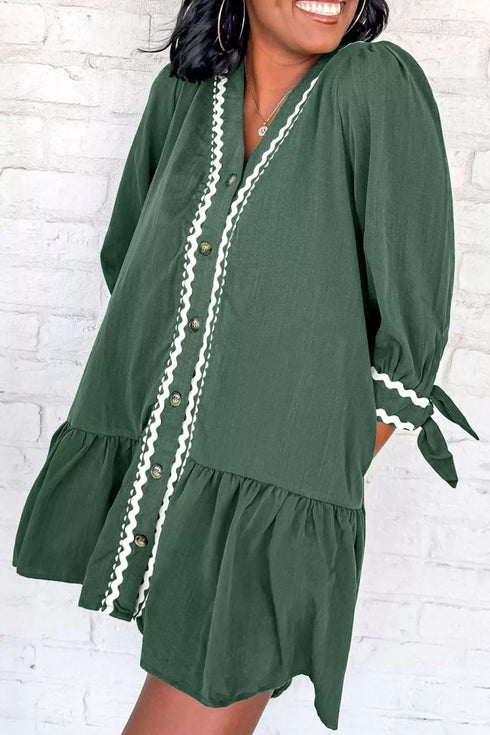 contrast-ricrac-trim-button-v-neck-knotted-bracelet-sleeve-shift-dress-OhSoStyled-Sophia's-Style-2