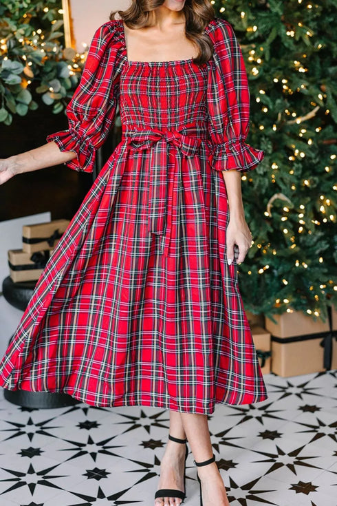 plaid-smocked-flounce-sleeve-midi-dress-OhSoStyled-Sophia's-Style-4