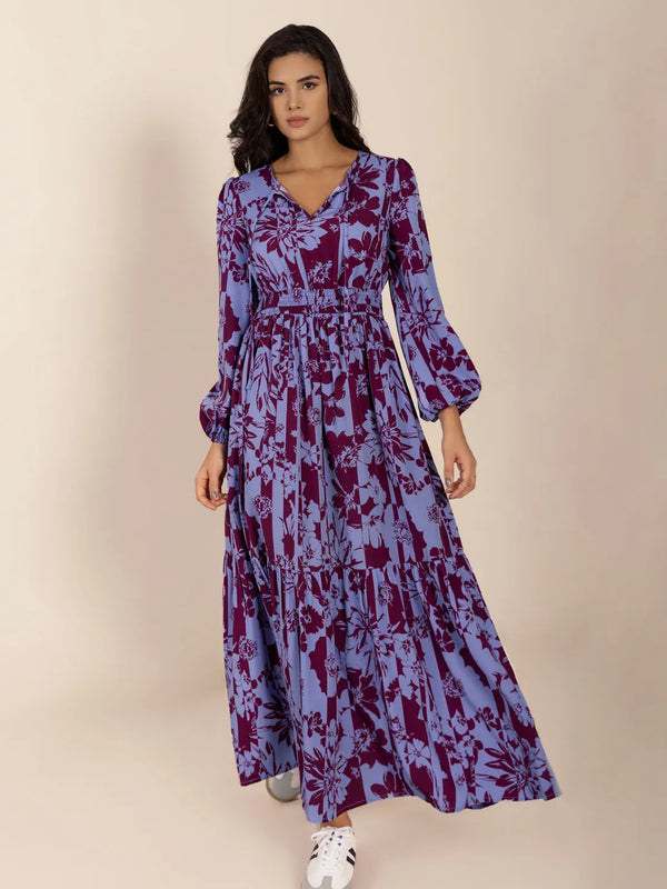 printed-tie-neck-balloon-sleeve-maxi-dress OhSoStyled at Sophia's Style-1