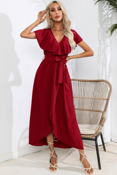 ruffled-tied-v-neck-midi-dress Sophia's Trends - Sophia's Style-Burgundy-L