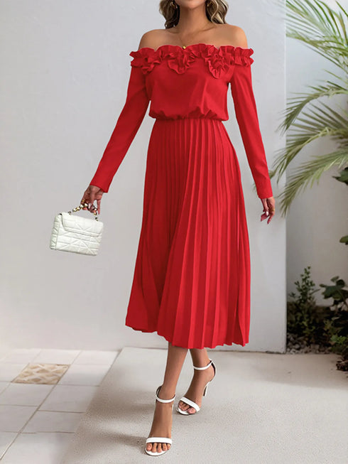 off-shoulder-ruffle-pleated-midi-dress-Sophia's Style-3