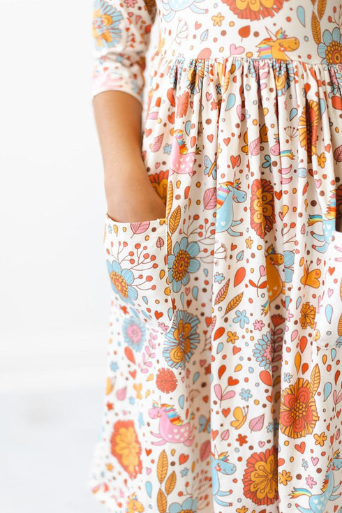 retro-unicorns-3-4-sleeve-pocket-twirl-dress Mila & Rose - Sophia's StyleTwirl Pocket Dress 3/4-1