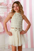 Kenna 2-Piece Ivory Coco Set for Girls: Sleeveless Textured High Neckline Top Layered Tulle Skirt, Sizes 12M-14