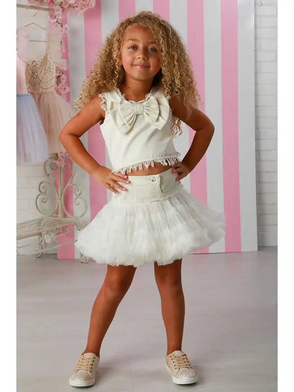 Fifi Girls’ Skirt Set – White Denim Ruffle Tulle Skirt & Bow Top Party Outfit 12M-14